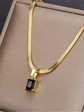 Gold Tone Chain Necklace with Black Stone Pendant - Women Jewelry